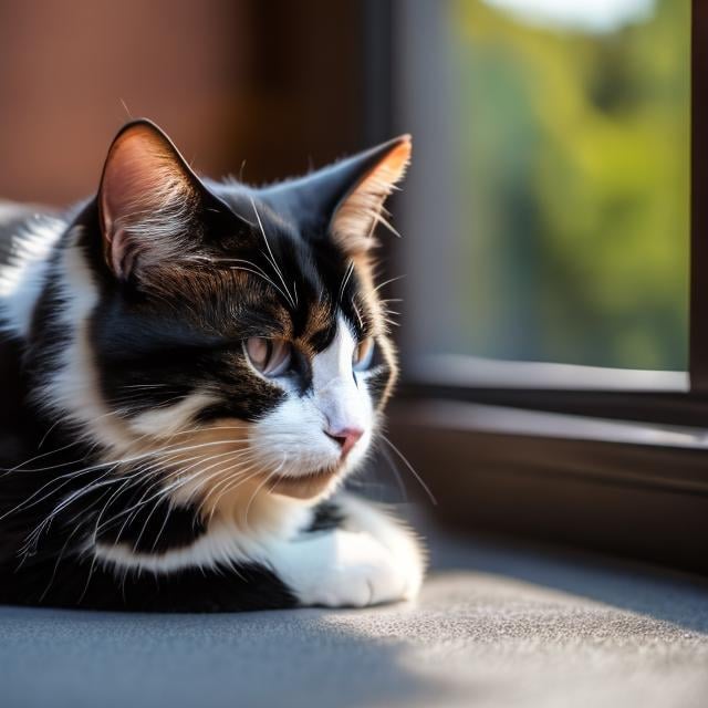 Prompt: (masterpiece, 8K, UHD, photorealistic:1.3), a black and white cat sitting on a windowsill, eyes closed and mouth ajar, seems to be dreaming, sunlight filtering through the window, sky blue background, extreme close-up, side view, sunlight filtering through window, blue sky as background, extreme close-up, side view, cheer, richly textured wallpaper, vintage chandelier, glowing candles