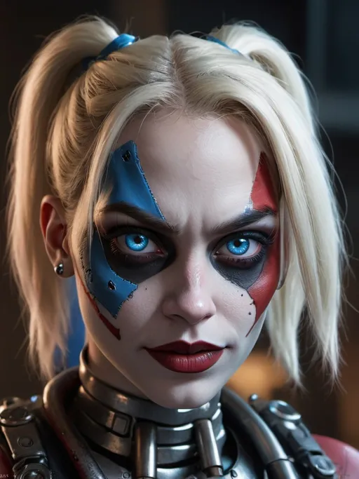 Prompt: Photorealistic portrait, Harley Quinn, extreme close-up, detailed face-skull-like mech with a combination of human and metallic characteristics, dark and moody color palette, glowing blue eyes, intricate mechanical textures, realistic lighting to emphasize the fusion of man and machine