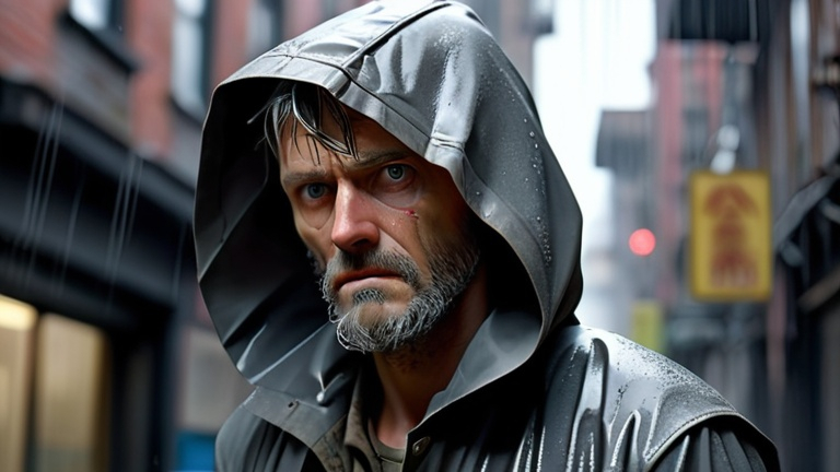 Prompt: photorealism, hyperrealism, cinematic-still, A striking street-style portrait of a rugged post-apocalyptic survivor braving the elements. Dressed in a plastic raincoat with a worn texture, they stand against a backdrop of a desolate urban environment. The rain pours down, creating a cinematic atmosphere as droplets splash against the coat's surface. Intricate details like patched repairs and buckled straps accentuate the character's resilience and resourcefulness. The scene is captured in a high-contrast black and white photography style, emphasizing the interplay of light and shadow