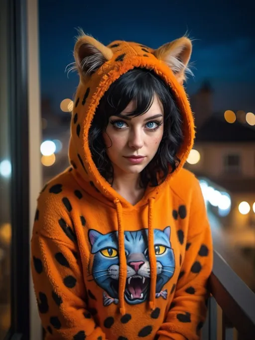 Prompt: A beutiful european woman 30-years-old, wears a orange leopard cute, furry animal hoodie with cat ears, a fluffy hoodie sweater, short messy curly black hair, blue eyes, tattoos, on the balcony in the night  depth of field f0.9, window street night light, ultra-realistic, sharp focus, detailed background