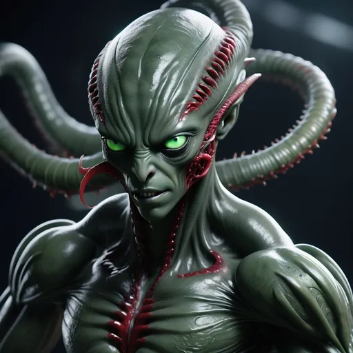 Prompt: Detailed face, body portrait, ultra realistic,a Alien with the body of a humanoid alien, who has grayish-green skin and a shiny texture, the eyes are large and black, the eyes are large and black. The skin has a tentacles-like red design  which extends from the forehead to the chin on the face. The nose is small and pointed, and the mouth is wide and thin,  two black holes on the sides of his head. The body is slender and muscular, with a ribcage-like structure on the chest. The arms and legs are long and thin, with three fingers and three claws on each hand and foot., perfect composition, beautiful detailed intricate insanely detailed octane render trending on artstation, 8 k artistic photography, photorealistic concept art, soft natural volumetric cinematic perfect light, chiaroscuro, award - winning photograph, masterpiece, oil on canvas, raphael, caravaggio, greg rutkowski, beeple, beksinski, giger