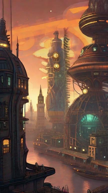 Prompt: A steampunk-inspired cityscape (Steampunk Cityscape: 2.0), with towering structures (Towering Structures: 1.5) powered by steam (Steam-powered Vehicles: 1.3), and flying airships (Flying Airships: 1.2), illuminated by neon lights (Neon City Lights: 1.1), reminiscent of classic works like Jules Verne's "A Journey to the Center of the Earth"