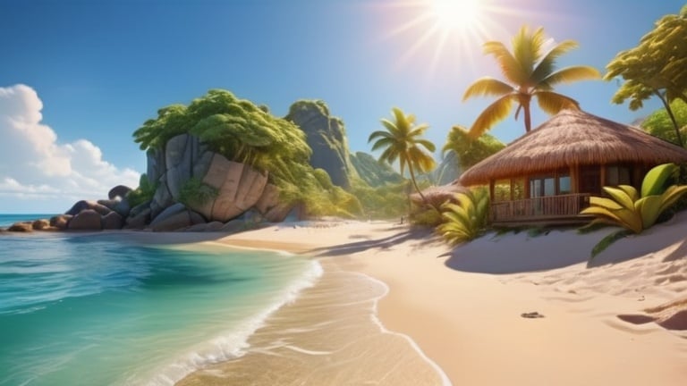 Prompt: A beachfront paradise, tropical terrain, holiday resort, sun flare, tropical colors, landscape photography, beautiful landscape, ultra-detailed, vibrant scenery, photorealistic, hyperrealistic: