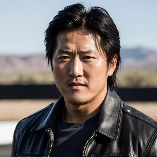 Prompt: A close-up shot of Sung Kang from the Fast and Furious movie franchise, in the style of Borderlands. He has a determined and focused expression on his face, and his eyes radiate with wisdom and power. He is wearing a black leather jacket and jeans, and he has short, spiky hair. The background is a dark and gritty race track, with roaring engines and checkered flags.