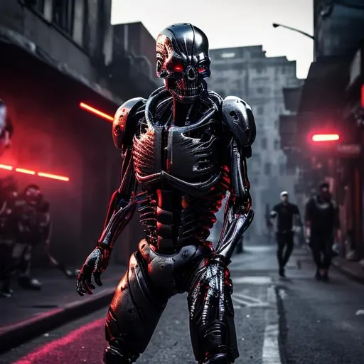 Prompt: Ultra Realistic, dark theme, red eyes, terminator while dance the shuffle, war machine, manufactures on background, street, hdr, city, metal skull, red eyes, skratches, rough metal, metal wires, exoskelet, hdr, raytracing, rev-9, reflections, (close-up:1.2), (intricate details:0.9), (hdr, hyperdetailed:1.2), cypunk, futuristic, mechanic, dystopia, trending on artstaion, by greg rutkowski,  8k, blade runner, cyberpunk 2097