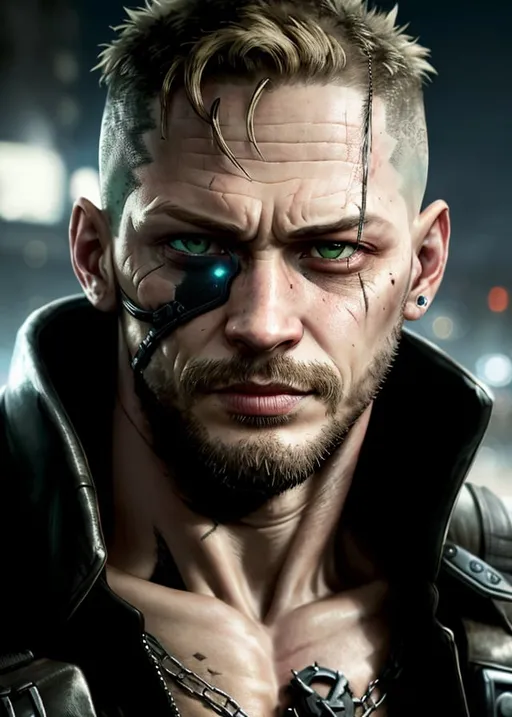 Prompt: Close-up shot of a post-apocalyptic night portrait, muted colors, featuring Tom Hardy, highly detailed, in the style of Cyberpunk 2077 and "The world is full of magic things, patiently waiting for our senses to grow sharper