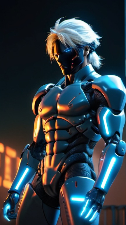 Prompt: Tilt shot of Raiden the cyberninja from Metal Gear Solid 2 videogame performing a special mission on the cyberpunk militar camp, neon lighting, detailed, realistic, trending on ArtStation. Body: Athletic, wearing an advanced armored ninja suit with cybernetic enhancements.