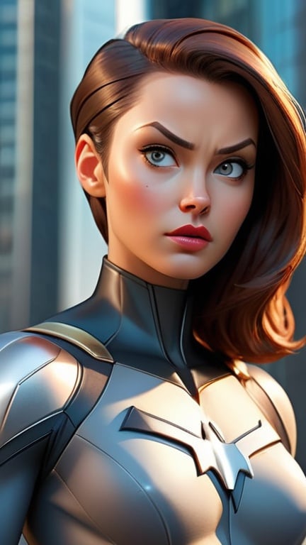 Prompt: Close-up shot of superhero, male or female, confident pose, Marvel comics style, sleek and modern costume, futuristic city background, towering skyscrapers, flying vehicles, practical and stylish costume, heroic, detailed facial features, highres, ultra-detailed, comic book style, futuristic, confident expression, sleek design, professional, atmospheric lighting, dynamic composition

