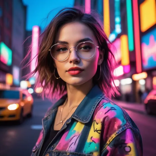 Prompt: Close-up shot of a  Instagram woman striking a pose against a vibrant urban backdrop, surrounded by neon lights that flicker and dance to the rhythm of the city. The detailed, high-definition image captures the energy and allure of the woman, reminiscent of the styles of Andy Warhol, Keith Haring, and Banksy. This trending artwork stands out with its unique blend of pop culture and street art.