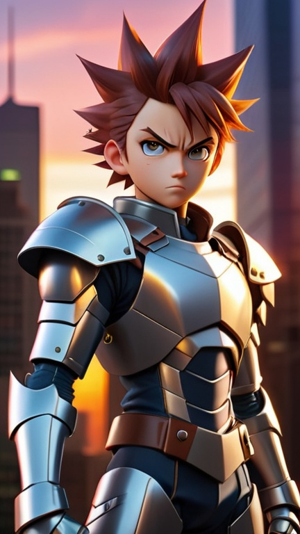 Prompt: Create a poster featuring an original anime-style character. The character is a young hero with spiky hair and bright, determined eyes. They are wearing a futuristic suit of armor and striking a dynamic pose. The background is a cityscape at sunset, with tall buildings silhouetted against a vibrant sky. The overall style of the poster is reminiscent of anime, with bold lines, dramatic lighting, and a sense of action and excitement