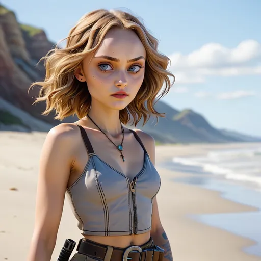 Prompt: The Borderlands ocean waves gently lap at Lily-Rose Depp's face as she stands barefoot on the sandy shore. Her gaze is fixed on the horizon, a hint of determination and adventure in her eyes. Her body is poised and ready for action, her arms slightly flexed, ready to embrace the challenges that lie ahead. Her entire being radiates strength and resilience, embodying the spirit of Borderlands' stylized heroines.