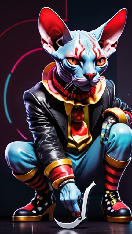 Prompt: A cyberpunk sphynx cat with a fullbody design, adorned with Killer-clown make-up and a big Hammer in his hands. The anthropomorphic pose gives off a mischievous vibe, while the Killer-clown body and shoes add a touch of playfulness.