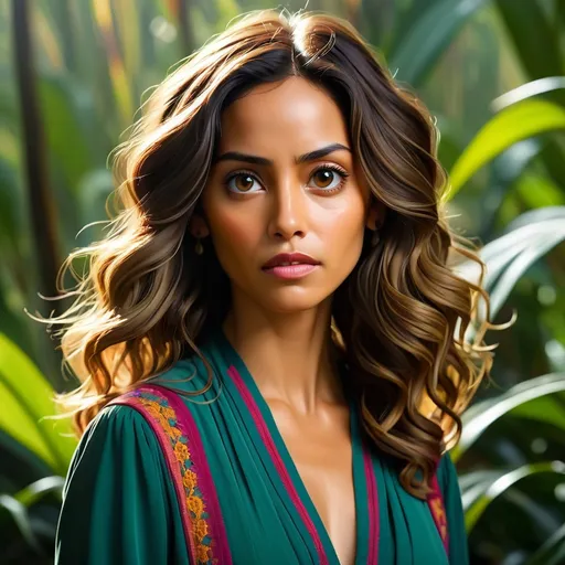 Prompt: A stylized and dynamic portrait of a compassionate and resourceful Luciana Galvez, from the hit TV series Fear the Walking Dead. Luciana's eyes radiate kindness and compassion, and her face is set in a determined expression. Her hair is long and flowing, and her clothes are a mix of traditional Mexican clothing and scavenged pieces. The background is a lush rainforest, with vibrant colors and exotic plants.