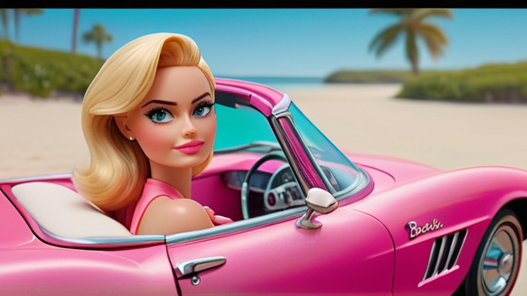 Prompt: Comedic beach scene from "Barbie" (2023) directed by Greta Gerwig. The shot opens with a zoomed-out view of a picturesque beach, capturing the vibrant and playful world of Margot Robbie, , lounges in a pink 1957 Corvette under the warm sunlight. The UHD camera captures every detail of this hilarious moment, highlighting the colors and textures. With Gerwig's expert direction, this scene exudes comedy and invites the audience to immerse themselves in Barbie's delightful world.