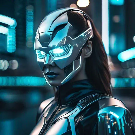 Prompt: Close-up shot of a Cyberwoman wearing a transparent glow skull-shaped mask standing in front of a futuristic cityscape. Shot with a 50mm lens, with post-processing effects including a slight chromatic aberration and a subtle vignette. cypunk, futuristic, mechanic, dystopia, Metropolis city cyberpunk background, trending on artstaion, by greg rutkowski, 8k, art by Simon Stålenhag