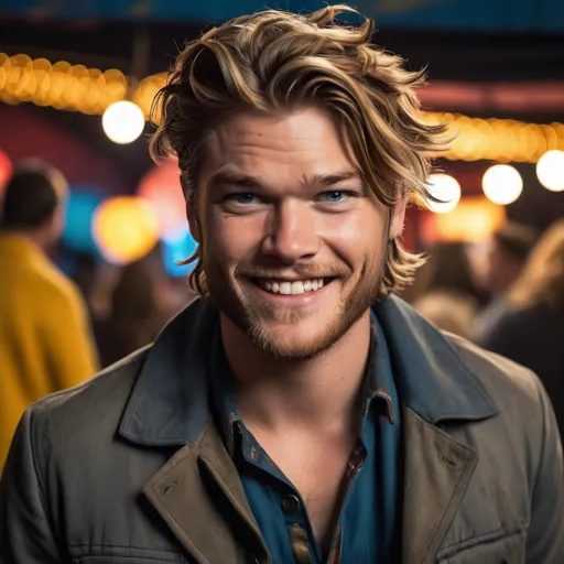 Prompt: A stylized and dynamic portrait of Jake Weary as Joshua "J" Cody, the middle child of the Cody brothers, in the style of Borderlands. His face is twisted into a maniacal grin, and his eyes are wide with glee as he revels in the chaos around him. His hair is wild and unkempt, and his clothes are torn and dirty. The background is a carnival funhouse, with distorted mirrors and garish lights