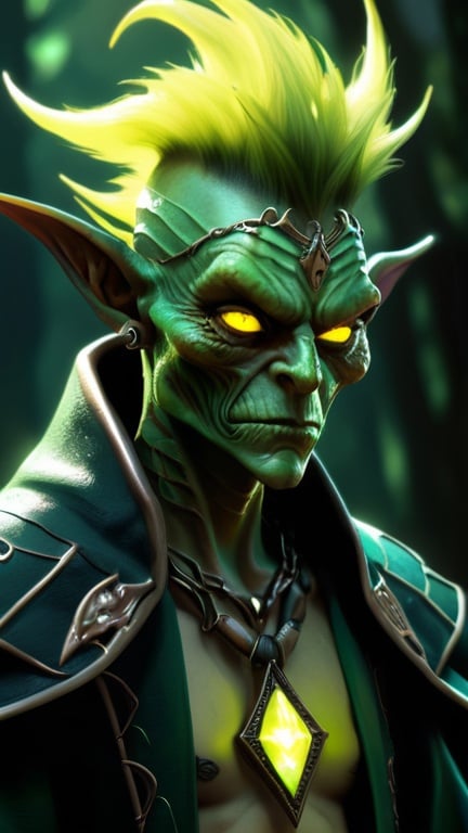 Prompt: Fullbody of an angry and scary Goblin Dark Magician with green scales skin and yellow glowing eyes, dramatic lighting, detailed, realistic, trending on ArtStation, in the style of Frank Frazetta, Yoshitaka Amano, and H.R. Giger. Nationality: Mythological, Eye color: Yellow glowing, Hairstyle: Spiky and wild, Skin color: Green scales, Tattoos: Arcane symbols, Piercings: None, Lip color: Dark green, Nose: Hooked, Body: Slim and wiry, Clothing: Dark robes with magical runes, Background: Enchanted forest clearing.