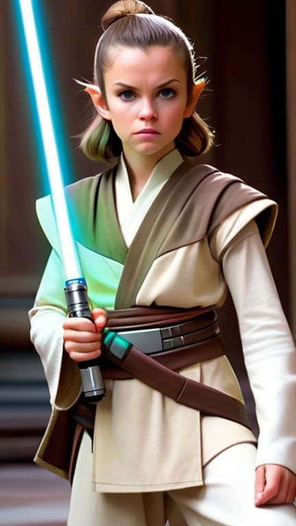 Prompt:  A close-up shot of a young Jedi Padawan, either male or female, in the style of Star Wars. They have a determined and eager expression on their face, and they are clearly ready to learn from their masters. They are wearing a simple tunic and trousers, and they are carrying a lightsaber belt. The background is a bustling Jedi Temple, with other Padawans and Jedi Knights training and meditating.