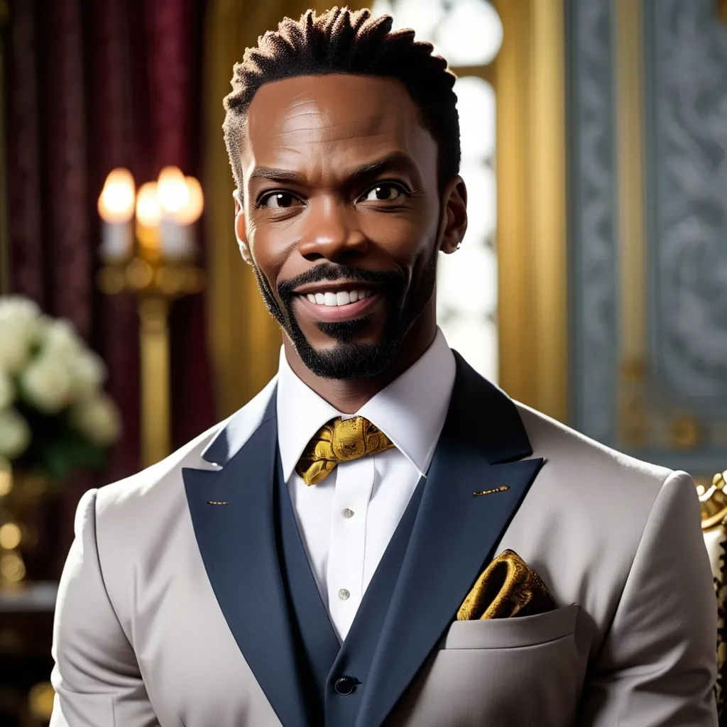 Prompt: A close-up shot of Colman Domingo, known for his role as Victor Strand, in the style of Borderlands. Victor is a charismatic and resourceful survivor with a sharp mind and a cunning demeanor. His eyes are piercing and his smile is sly, and he always seems to be one step ahead of the game. He is wearing a tailored suit and a crisp white shirt, and he has a smug look on his face. The background is a opulent mansion, with ornate furniture and luxurious surroundings.

