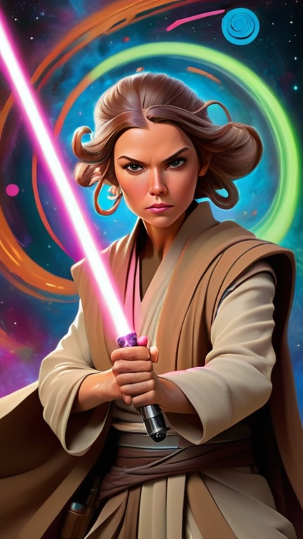 Prompt: A stylized and dynamic portrait of a Jedi Master, either male or female, in the style of Star Wars. They have a powerful aura about them, and their presence fills the scene with energy. They are surrounded by swirls of Force energy and vibrant colors. The background is a cosmic nebula, with stars and galaxies swirling around them.