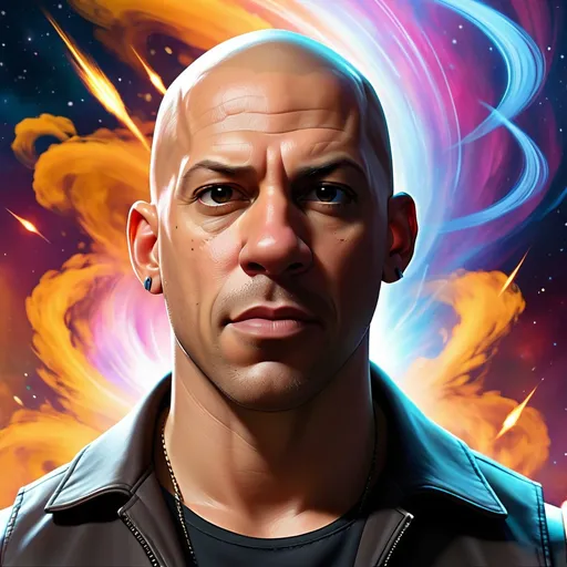 Prompt: A stylized and dynamic portrait of Vin Diesel from the Fast and Furious movie franchise, in the style of Borderlands. He has a powerful aura about him, and his presence fills the scene with energy. He is surrounded by swirling energy and vibrant colors. The background is a cosmic nebula, with stars and galaxies swirling around him