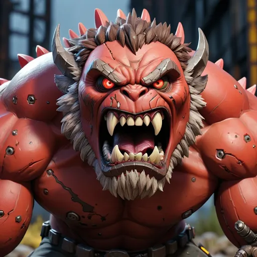 Prompt: A close-up shot of a hulking male beast from the Borderlands universe. The beast has a mix of fur and scales, with sharp claws and fangs. Its eyes are glowing red, and it has a menacing snarl on its face. The background is a dark and gritty wasteland, with industrial buildings and scrap metal scattered around.