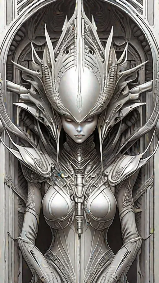 Prompt: Frontview 3D rendering of a alien in spaceship. robotic features. queen of blades,  fantasy pen and ink, intricate line drawings, by Yoshitaka Amano, Ruan Jia, Kentaro Miura, Artgerm, detailed, trending on artstation, hd, masterpiece