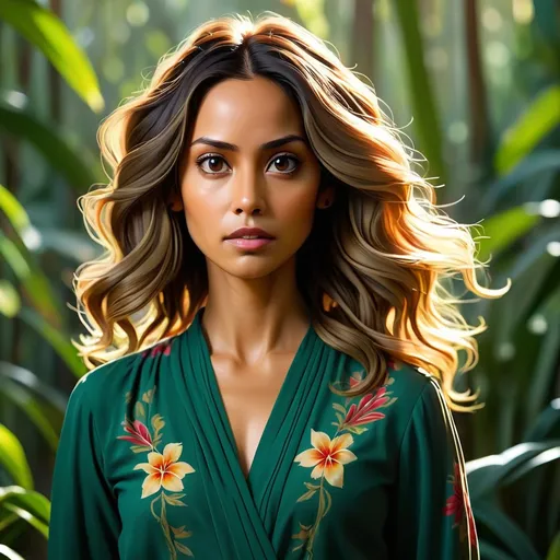 Prompt: A stylized and dynamic portrait of a compassionate and resourceful Luciana Galvez, from the hit TV series Fear the Walking Dead. Luciana's eyes radiate kindness and compassion, and her face is set in a determined expression. Her hair is long and flowing, and her clothes are a mix of traditional Mexican clothing and scavenged pieces. The background is a lush rainforest, with vibrant colors and exotic plants.