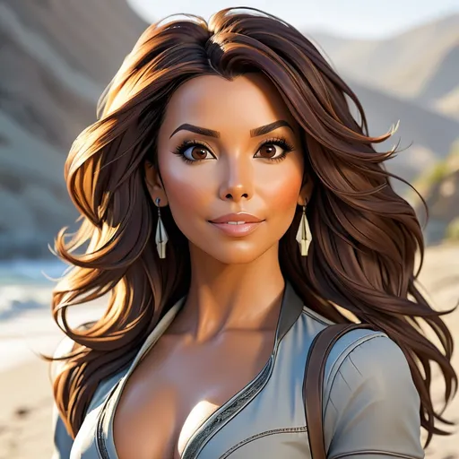 Prompt: The Borderlands sun shines brightly on Eva Longoria's face, illuminating her delicate features and enhancing the vibrancy of her dark brown eyes. Her lips, slightly parted, reveal a hint of a mysterious smile, adding to the enigmatic allure of her Borderlands-inspired character. Her long, dark hair, slightly tousled by the sea breeze, frames her face perfectly, adding a touch of wildness to her refined beauty. Her entire being exudes an air of mystery and intrigue, making her the perfect embodiment of Borderlands' stylized aesthetics