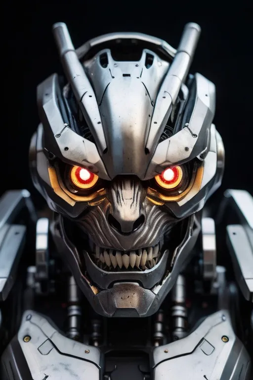 Prompt: Close-up shot of a Giant Robot humanoid animal-like face, with glowing eyes, sharp teeth, and a wrinkled metallic skin. The background is black, and the robot's face is in focus.} ([realistic:1.1], [detailed:1.2])