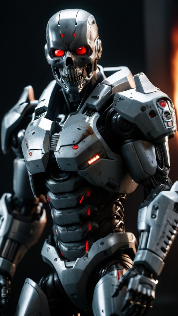 Prompt: Photorealistic, full-body rendering, Tyrant zombie biological weapon from Resident Evil movie, ultra-detailed, front camera angle, exhibiting an imposing, herculean physique with decomposing, mech with a menacing and formidable appearance, dark and shadowy color scheme, armored, piercing red-fire glowing eyes, intricate mechanical design, high-resolution image capturing the complex fusion of human and machine, sickly grey, emphasizing the nightmarish and formidable presence, skin, and a muscular right-arm adorned with a formidable eye and a colossal clawed hand, depicted in a spectrum of ashen grays  