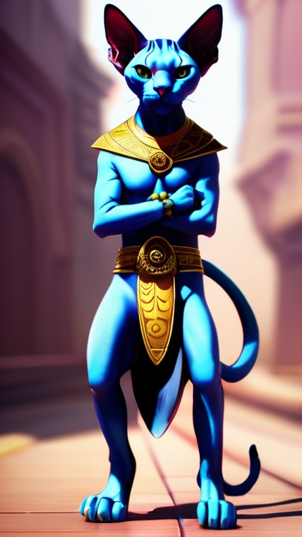 Prompt: A demoniac angry sphynx cat in fullbody Anthropomorphic poses, adorned with Na'vi Avatar make-up and a Bow in his letf-hand. The anthropomorphic pose gives off a mischievous vibe, while the Na'vi Avatar body and shoes add a touch of playfulness