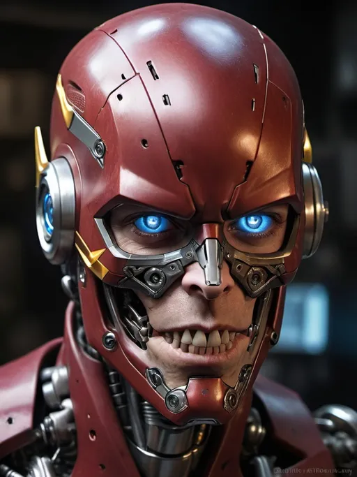 Prompt: Photorealistic portrait, The Flash as Berry Allen, extreme close-up, detailed face-skull-like mech with a combination of human and metallic characteristics, dark and moody color palette, glowing blue eyes, intricate mechanical textures, realistic lighting to emphasize the fusion of man and machine