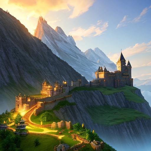 Prompt: dragon guarding a castle on a mountain, Digital Illustration, Medieval Fantasy, Inspiration from World of Warcraft, UE5 Engine Render, High Level of Detail, Golden Ratio, Dramatic Lighting.