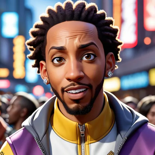 Prompt: A close-up shot of actress Ludacris in the style of the Borderlands universe. He has a mischievous and charismatic expression on his face, and his eyes twinkle with mischief. He is wearing a flashy tracksuit, and his hair is styled in a trendy fade. His beard is neatly trimmed, and he has a pair of diamond studs in his ears. The background is a crowded street race, with cars zooming past and the crowd cheering him on.