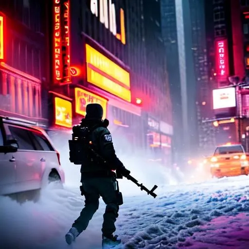 Prompt: Dynamic action shot of agents from the Division, intricate volumetric lighting, Fujifilm GFX 50r, atmospheric, New York City during blizzard