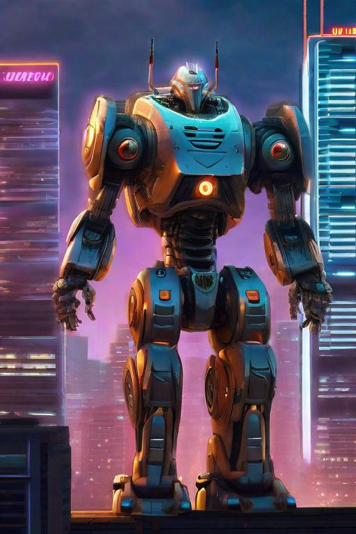 Prompt: A majestic giant robot humanoid towering over a futuristic cityscape, its metallic body gleaming under the neon lights. The robot's intricate details, from its multifaceted armor to its glowing eyes, are rendered in hyperrealistic detail. The overall mood is one of awe and wonder, emphasizing the robot's imposing presence and the futuristic setting.