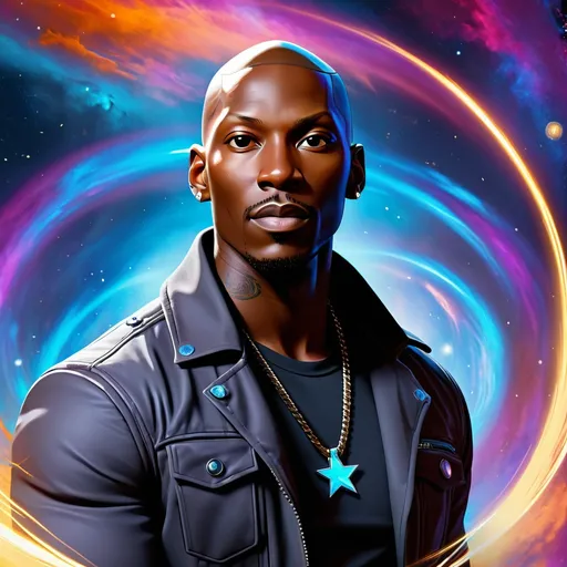 Prompt: A stylized and dynamic portrait of Tyrese Gibson from the Fast and Furious movie franchise, in the style of Borderlands. He has a powerful aura about him, and his presence fills the scene with energy. He is surrounded by swirling energy and vibrant colors. The background is a cosmic nebula, with stars and galaxies swirling around him