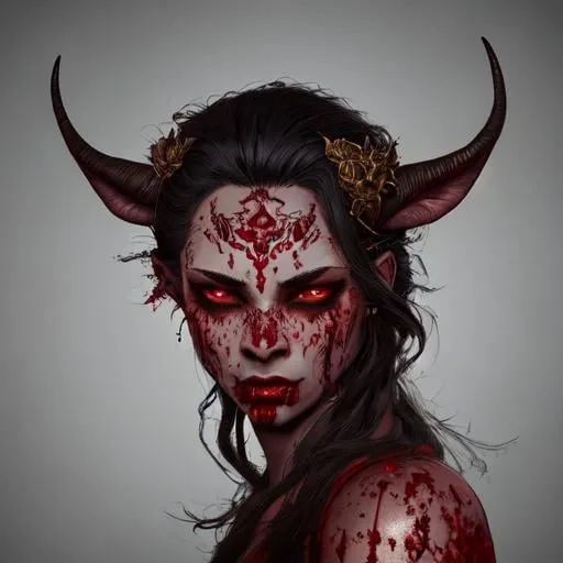 Prompt: Satyr, fantasy art, illustration, dark fantasy, epic, fantasy, intricate, hyper-detailed, scary, blood dripping, bloodthirsty gore, highly detailed facial features, highly detailed body, chiseled features, artstation, concept art, smooth, sharp focus, ray tracing, vibrant, photorealistic