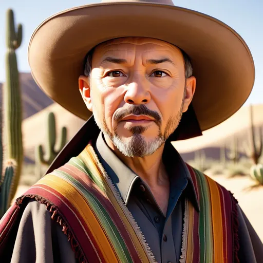 Prompt: A close-up shot of Ruben Blades, known for his role as Daniel Salazar, in the style of Borderlands. Daniel is a stoic and experienced survivor with a deep understanding of the world around him. His eyes are wise and his expression is unreadable, and he carries himself with an air of authority. He is wearing a traditional Mexican poncho and a sombrero, and he has a weathered look on his face. The background is a sun-drenched desert, with cacti and sand dunes stretching as far as the eye can see.