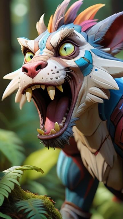 Prompt: A close-up shot of a young Borderlands beast, still growing into its power. The beast has a mix of fur and scales, and its eyes are wide with curiosity. It has a playful demeanor, but there is a hint of danger in its gaze. The background is a lush forest, with towering trees and colorful plants