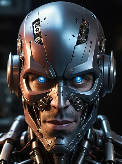 Prompt: Photorealistic portrait, The Flash as Berry Allen, extreme close-up, detailed face-skull-like mech with a combination of human and metallic characteristics, dark and moody color palette, glowing blue eyes, intricate mechanical textures, realistic lighting to emphasize the fusion of man and machine