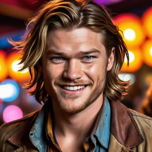 Prompt: A stylized and dynamic portrait of Jake Weary as Joshua "J" Cody, the middle child of the Cody brothers, in the style of Borderlands. His face is twisted into a maniacal grin, and his eyes are wide with glee as he revels in the chaos around him. His hair is wild and unkempt, and his clothes are torn and dirty. The background is a carnival funhouse, with distorted mirrors and garish lights