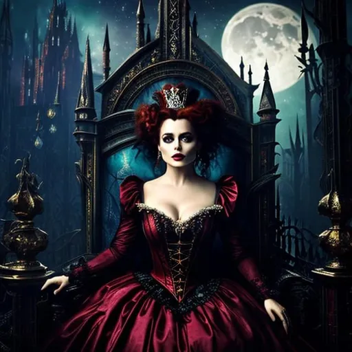 Prompt: A masterpiece, close-up shot of The Red Queen (Helena Bonham Carter) from Alice in Wonderland in Darkest Gothic style, with a big head. The subject is sitting on a throne in a dark, creepy castle with a sinister expression and glowing eyes. The image features twisted architecture and a full moon in the background. The painting is done in oil on canvas and is in 4K resolution, fantasy, nature, winter, bizarre, colored, 8k