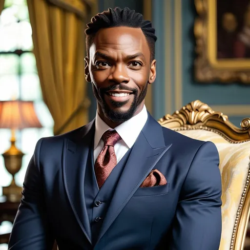 Prompt: A close-up shot of Colman Domingo, known for his role as Victor Strand, in the style of Borderlands. Victor is a charismatic and resourceful survivor with a sharp mind and a cunning demeanor. His eyes are piercing and his smile is sly, and he always seems to be one step ahead of the game. He is wearing a tailored suit and a crisp white shirt, and he has a smug look on his face. The background is a opulent mansion, with ornate furniture and luxurious surroundings.

