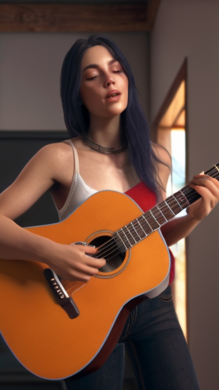 Prompt: life-like portrait of a woman playing the guitar, stunning, photorealism, unreal engine, octane render, niji 5