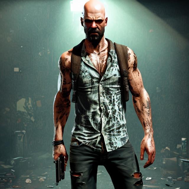 Prompt: Max Payne from Max Payne 3, bald head and brown beard, wears patterned short-sleeved, open shirt with white tank top, blue ripped jeans and black leather boots, and in his hand he holds his Colt well, center in camera, cinematic lighting, high resolution, 3D render.