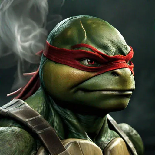 Prompt: Teenage Mutant Ninja Turtle Leonardo, green, real sweaty face, realistic sweat drops, angry look, red eyes, side view, virtual reality, photorealistic, mystery, revenge, smoke, 