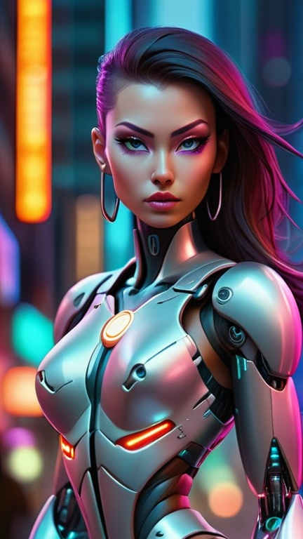 Prompt: Close up shot of a sleek, futuristic cyber woman (Cyber Woman: 2.0), striding confidently through a neon-lit cyberpunk cityscape (Cyberpunk Cityscape: 1.5), her metallic body gleaming under the vibrant lights (Glimmering Body: 1.3), a symbol of power and technology (Powerful Symbol: 1.2), captured in a hyper-realistic style (Hyper-realistic: 1.1)