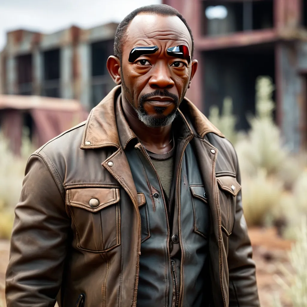 Prompt: A close-up shot of Lennie James, known for his role as Morgan Jones, in the style of Borderlands. Morgan is a survivor with a weathered face and a hardened gaze. His eyes are deep-set and his features are etched with the trials he has endured. He is wearing a worn-out leather jacket and a torn shirt, and his hands are covered in grime and blood. The background is a desolate wasteland, with crumbling buildings and overgrown vegetation.